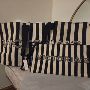 Victoria Secret large cream and black striped canvas tote wristlet bag